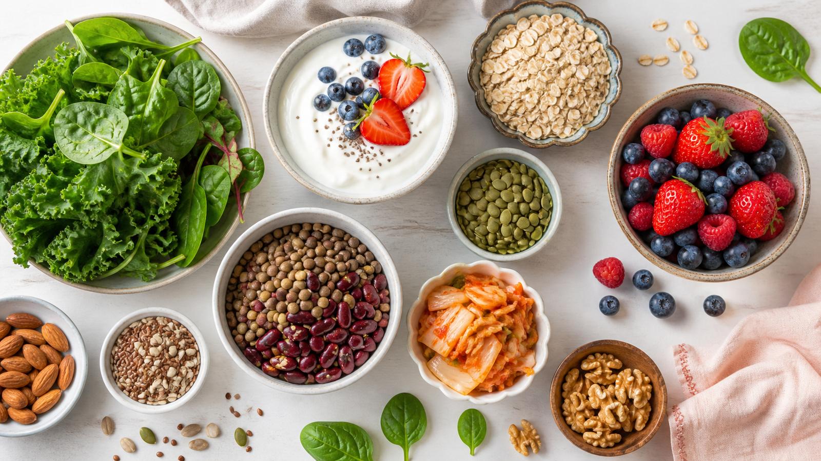 A bright overhead spread of gut-friendly whole foods including greens, berries, yogurt, grains and legumes