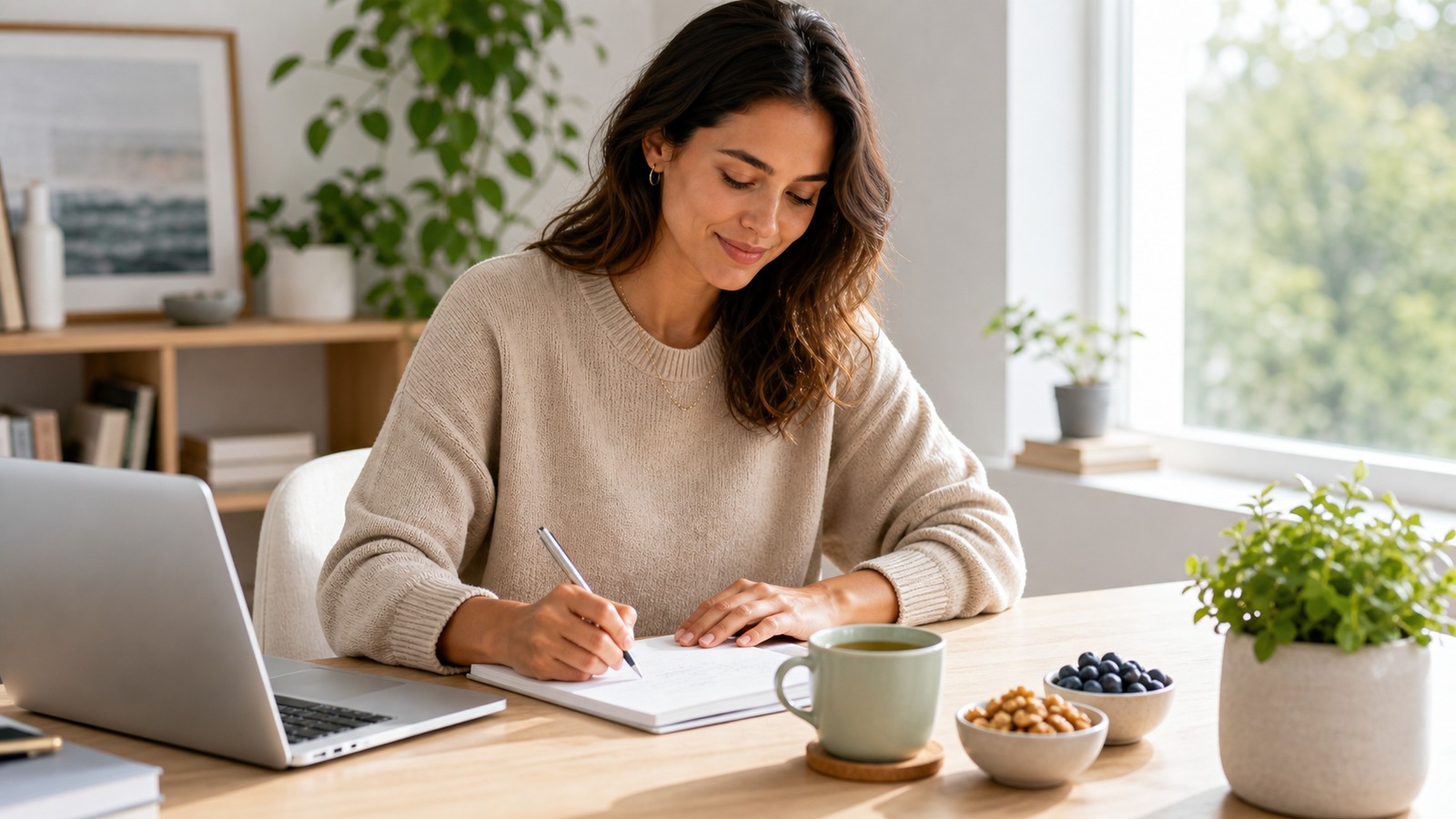 A person at a sunlit desk in the early afternoon, representing focus and energy after a balanced lunch
