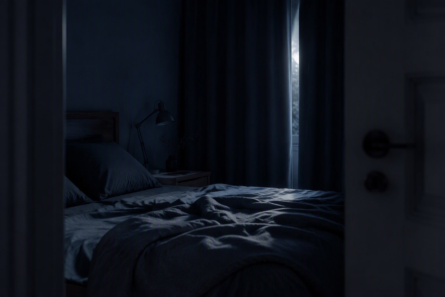 A dark, quiet bedroom at night with a phone face-down on the bedside table and a sliver of moonlight through the curtains