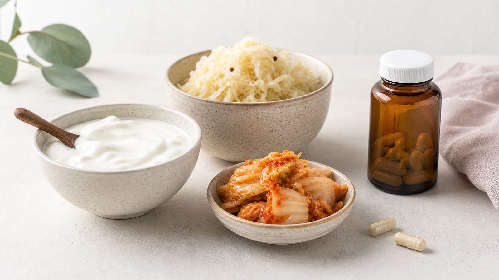 A bowl of yogurt and fermented foods beside a few supplement capsules