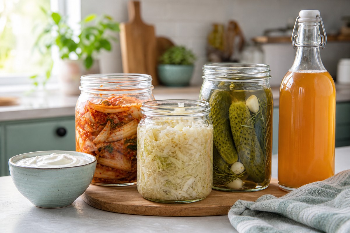 An array of fermented foods including yogurt, kefir, kimchi and sauerkraut