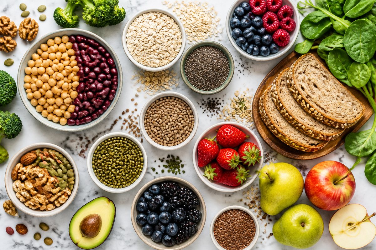 A colorful assortment of high-fiber plant foods