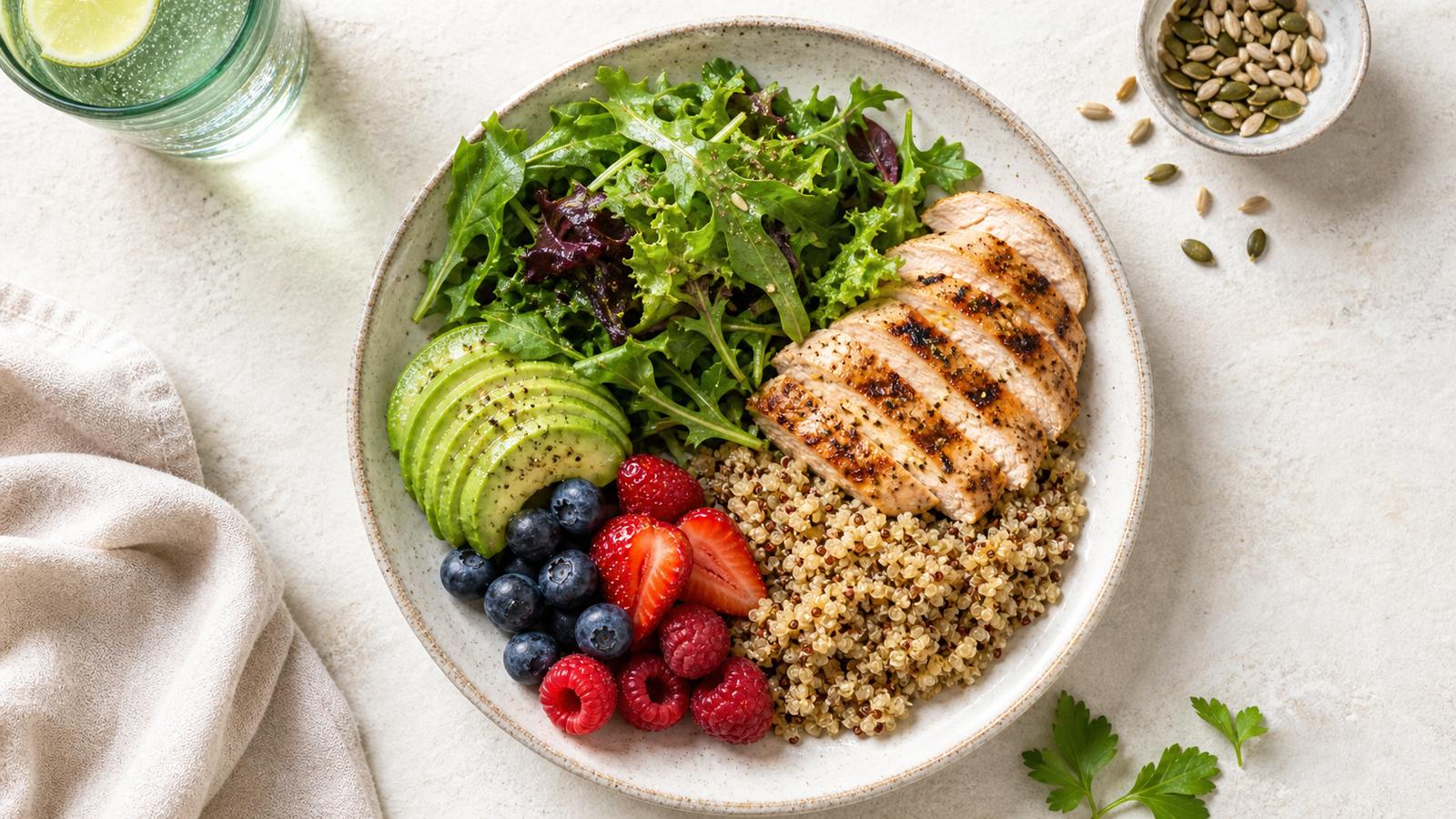 A balanced plate of whole foods including leafy greens, beans, whole grains, fish and colourful vegetables