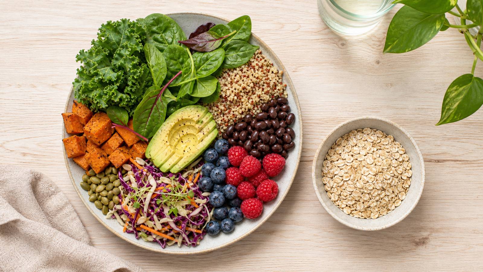 A colourful spread of fibre-rich whole foods including vegetables, legumes, whole grains and fruit on a wooden table