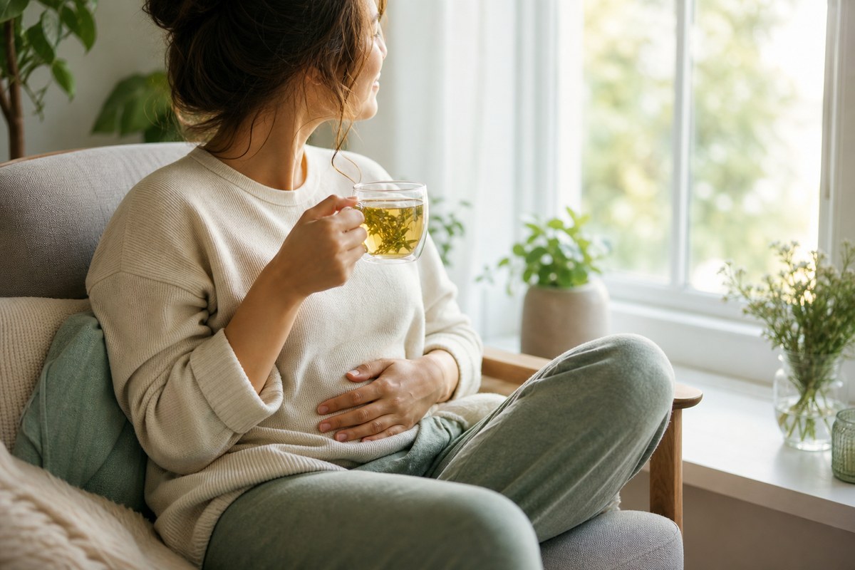 A calm person enjoying tea by a sunlit window
