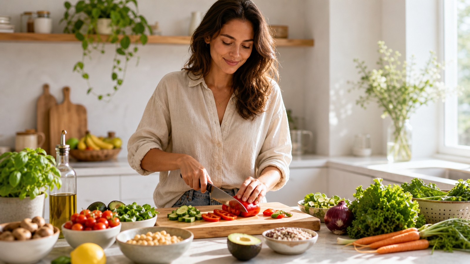 A bright kitchen counter with whole foods — vegetables, nuts, eggs and fruit — ready for balanced, satisfying meals