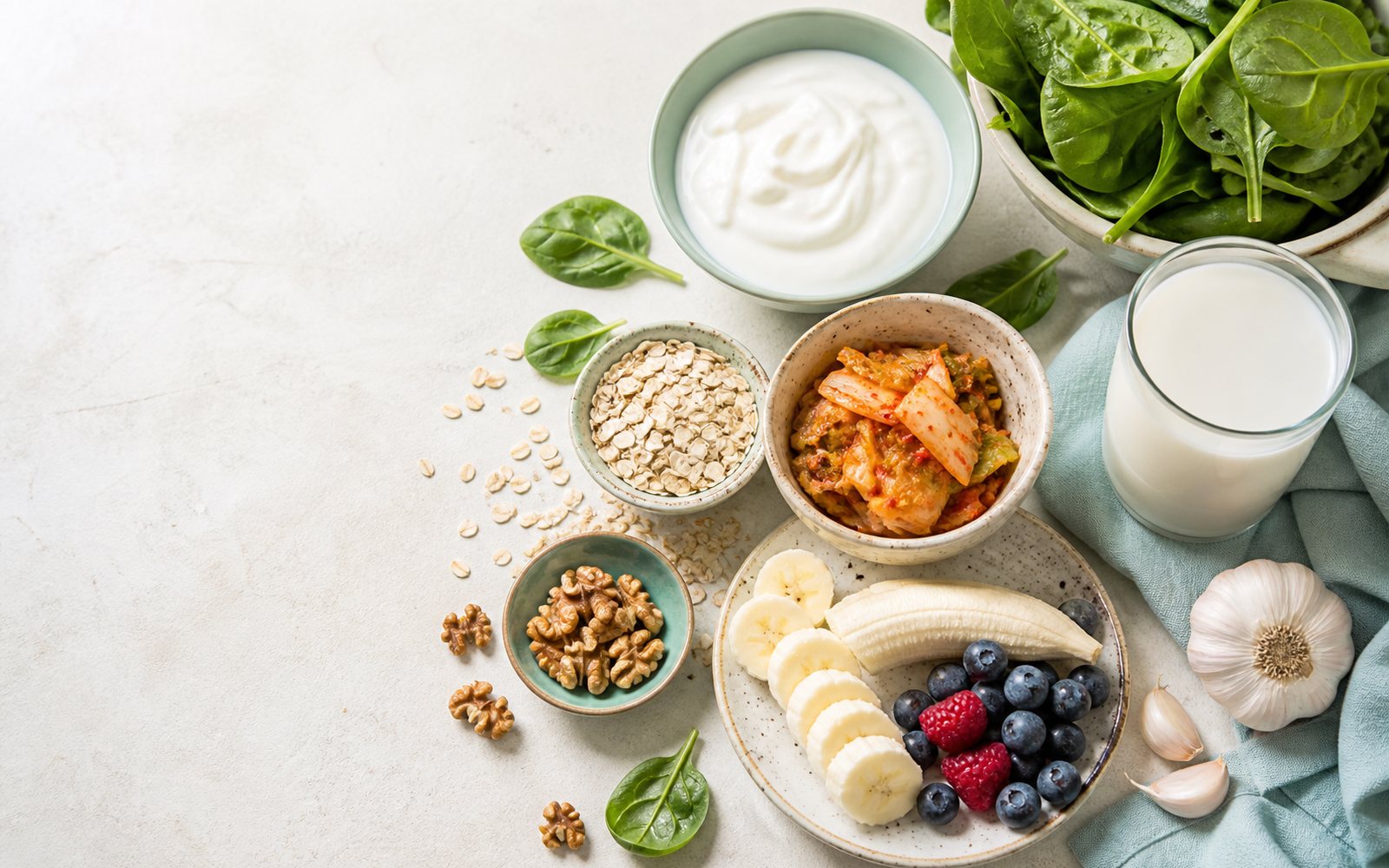 A bright spread of gut-friendly whole foods — yogurt, kefir, oats, fruit and leafy greens
