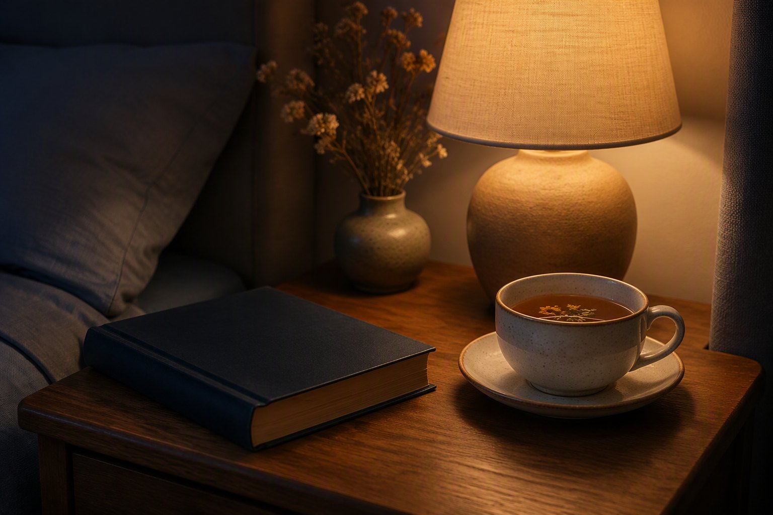 A cozy bedside scene with a book and warm lamp light, representing a calming bedtime routine
