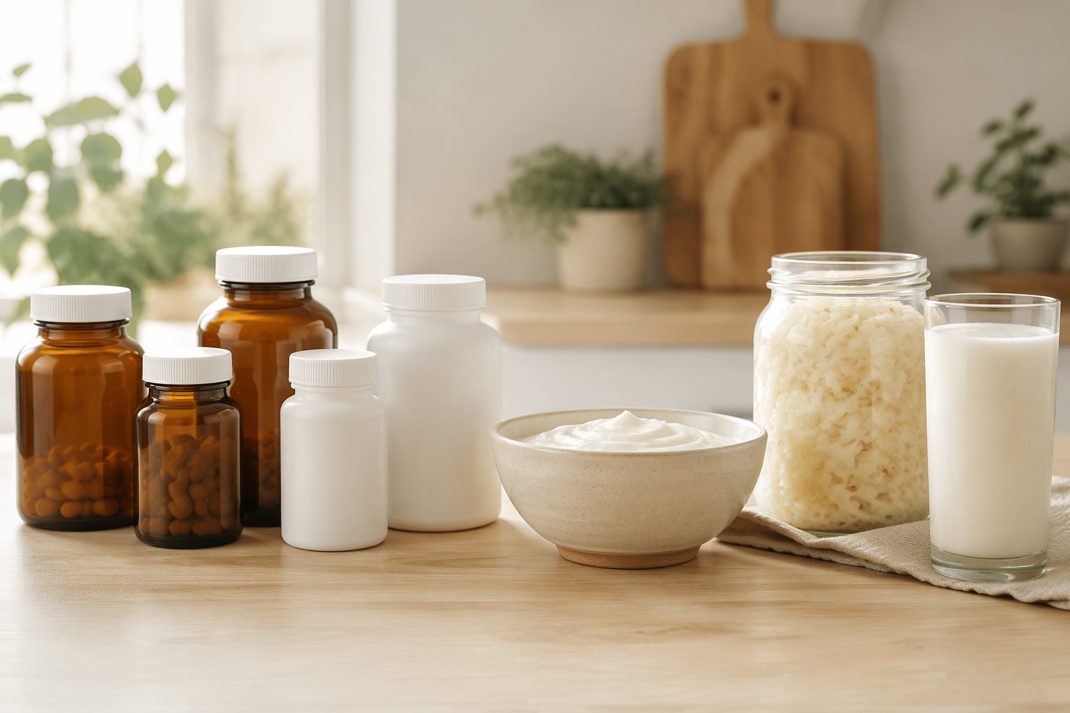 A tidy shelf of probiotic supplement bottles beside fresh fermented foods, representing how to choose a probiotic thoughtfully