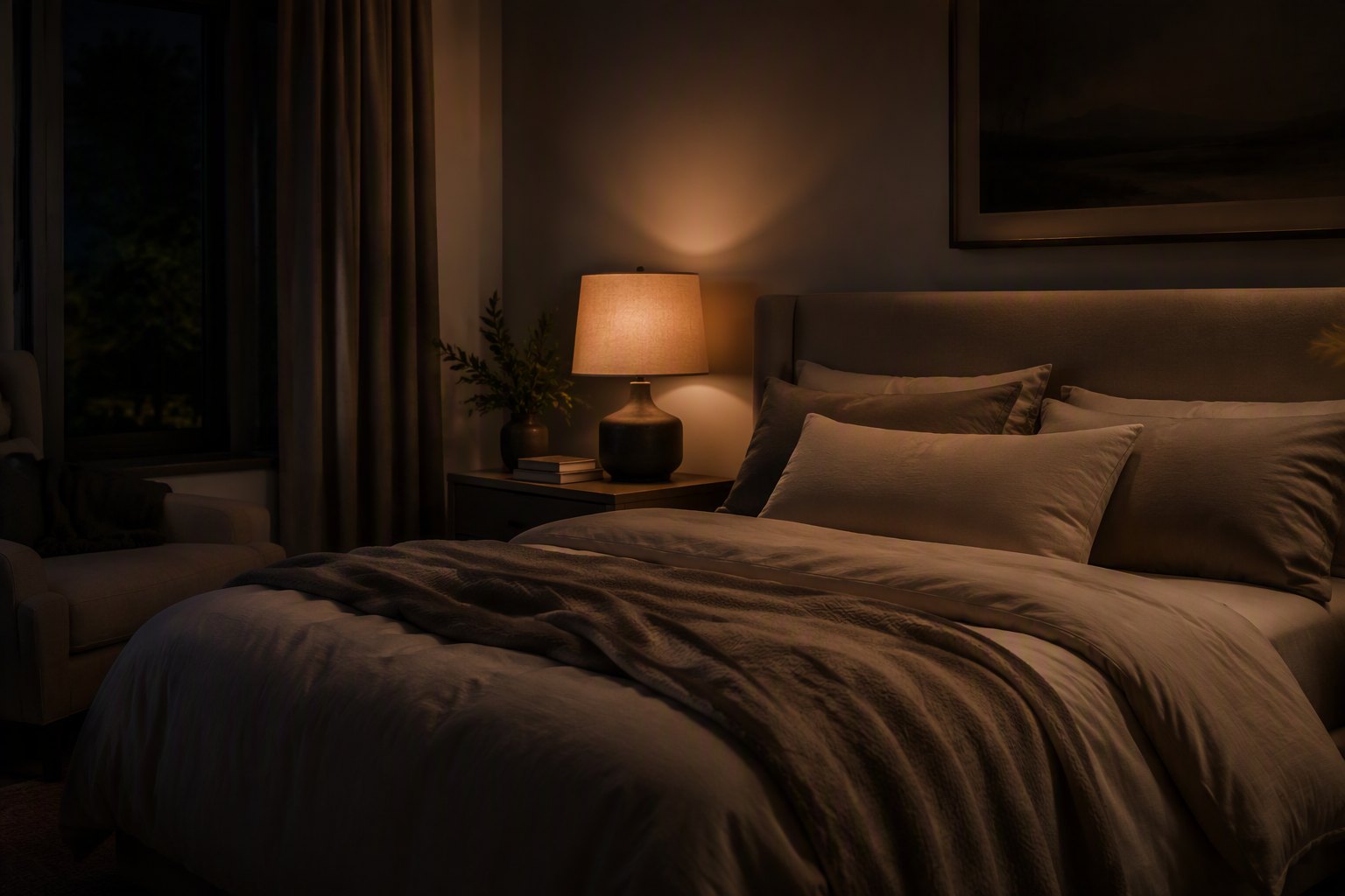 A calm dark bedroom with a soft bedside lamp