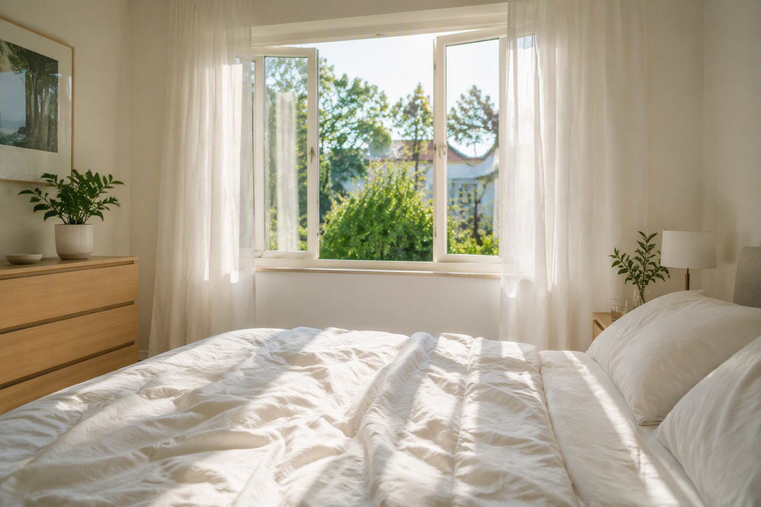 Morning sunlight streaming through a window onto a bed, representing resetting the body clock with light