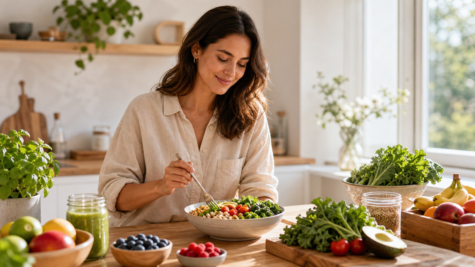 Someone preparing a colorful whole-food meal in a sunny kitchen