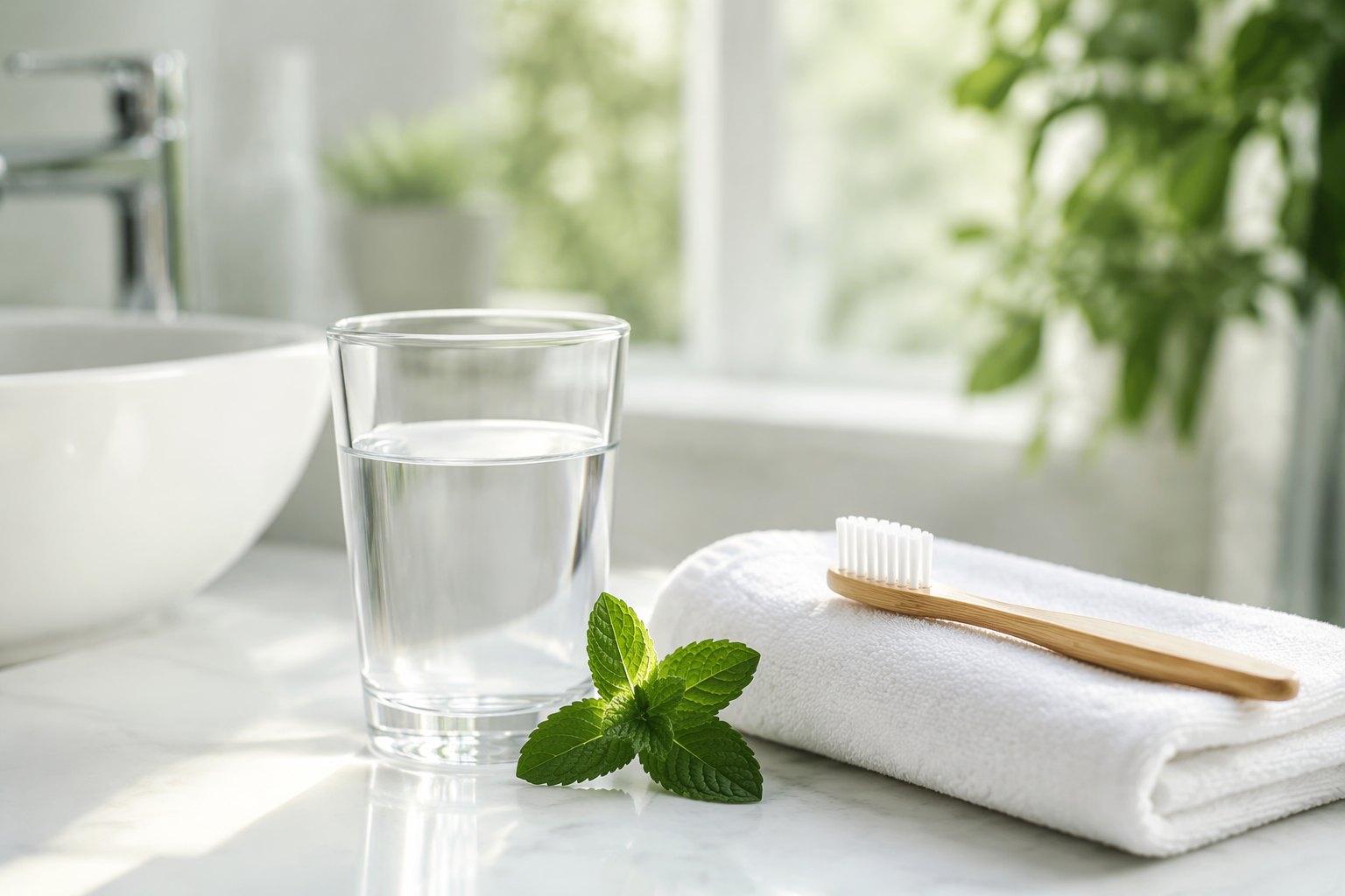 A glass of water, fresh mint, and a toothbrush on a clean bathroom counter, representing fresh breath and healthy gums