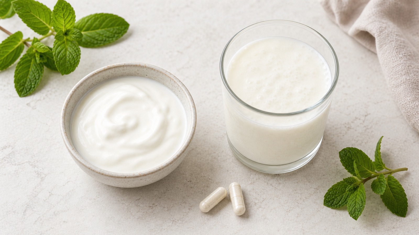 A selection of fermented foods and probiotic products alongside a toothbrush, representing an honest look at oral probiotics