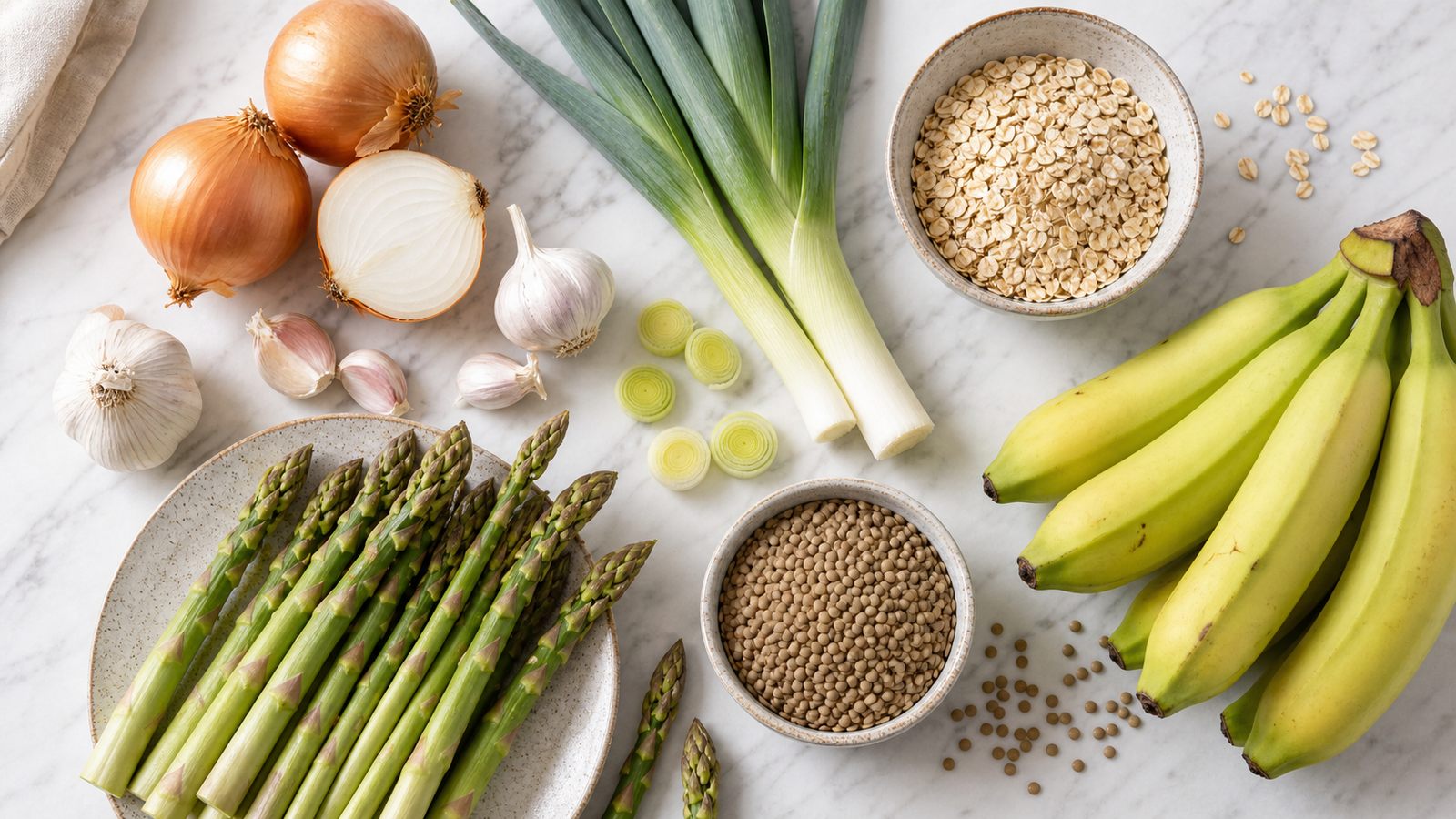 Prebiotic-rich whole foods including onions, garlic, oats and legumes