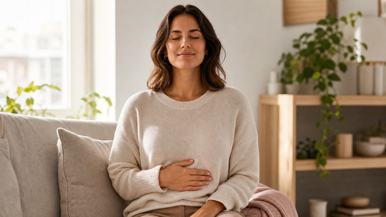 A calm person resting a hand on their midsection in soft daylight