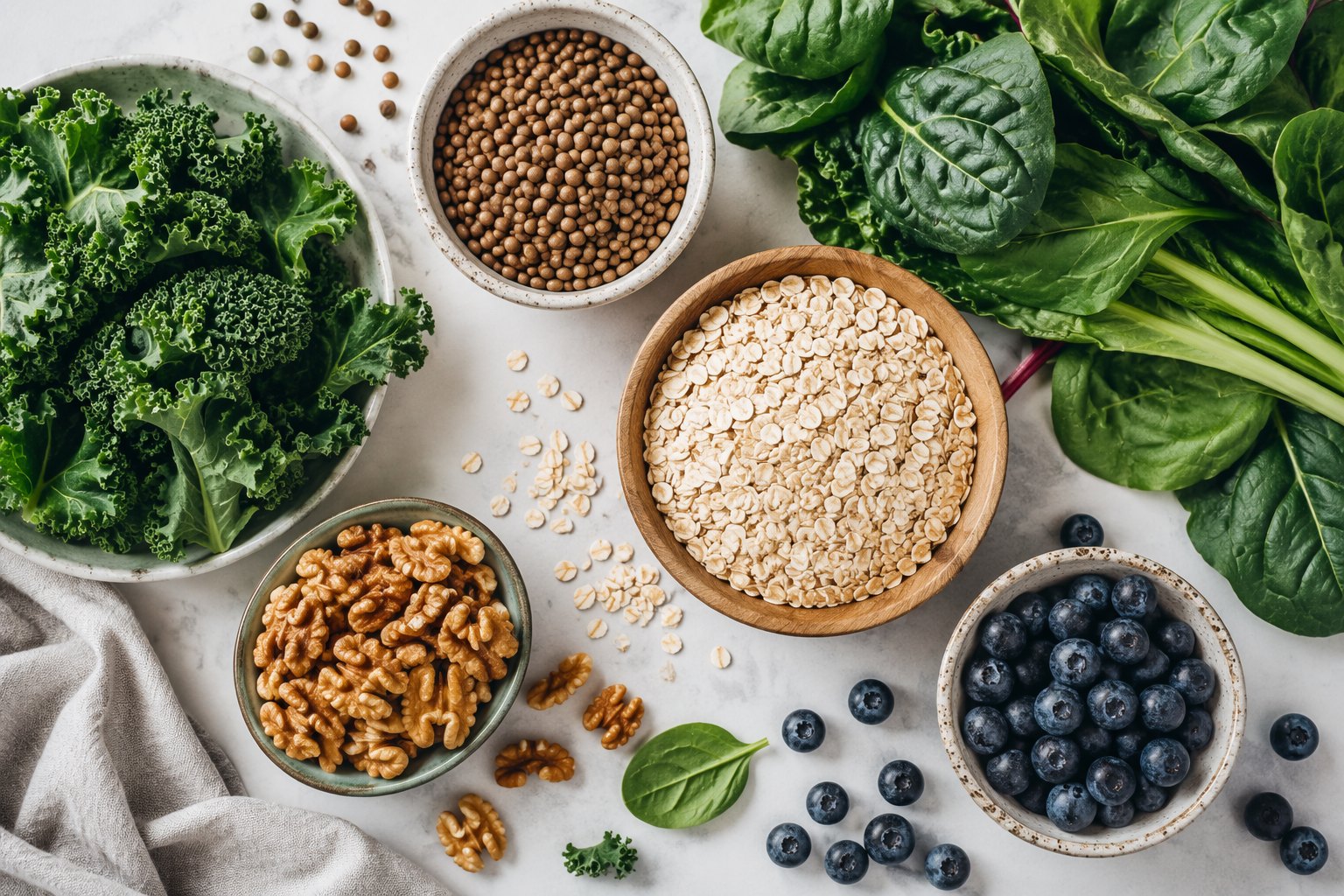 Whole foods rich in fibre — vegetables, legumes, oats and nuts — arranged on a table, representing evidence-first support for healthy blood sugar